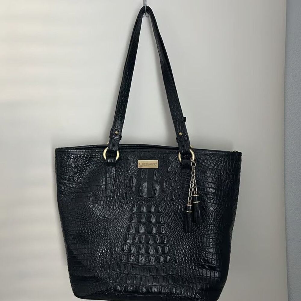 Brahmin Medium Asher Tote Black Croc Embossed Leather Shoulder Bag Gold Hardware